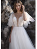 Elbow Sleeves Beaded Ivory Lace Tulle Fairytale Wedding Dress